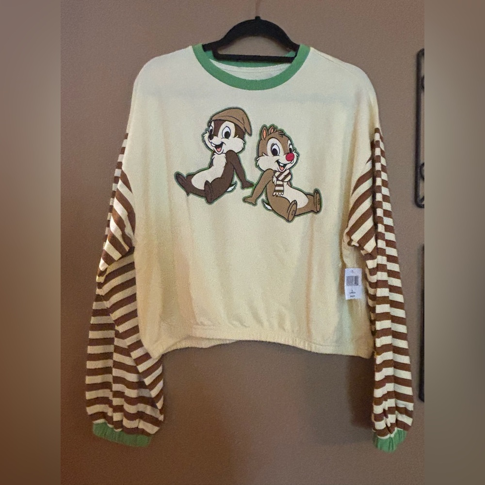 Women's Yellow Striped Chip and Dale Crop Pullover Sweater Size Large Loose Fit